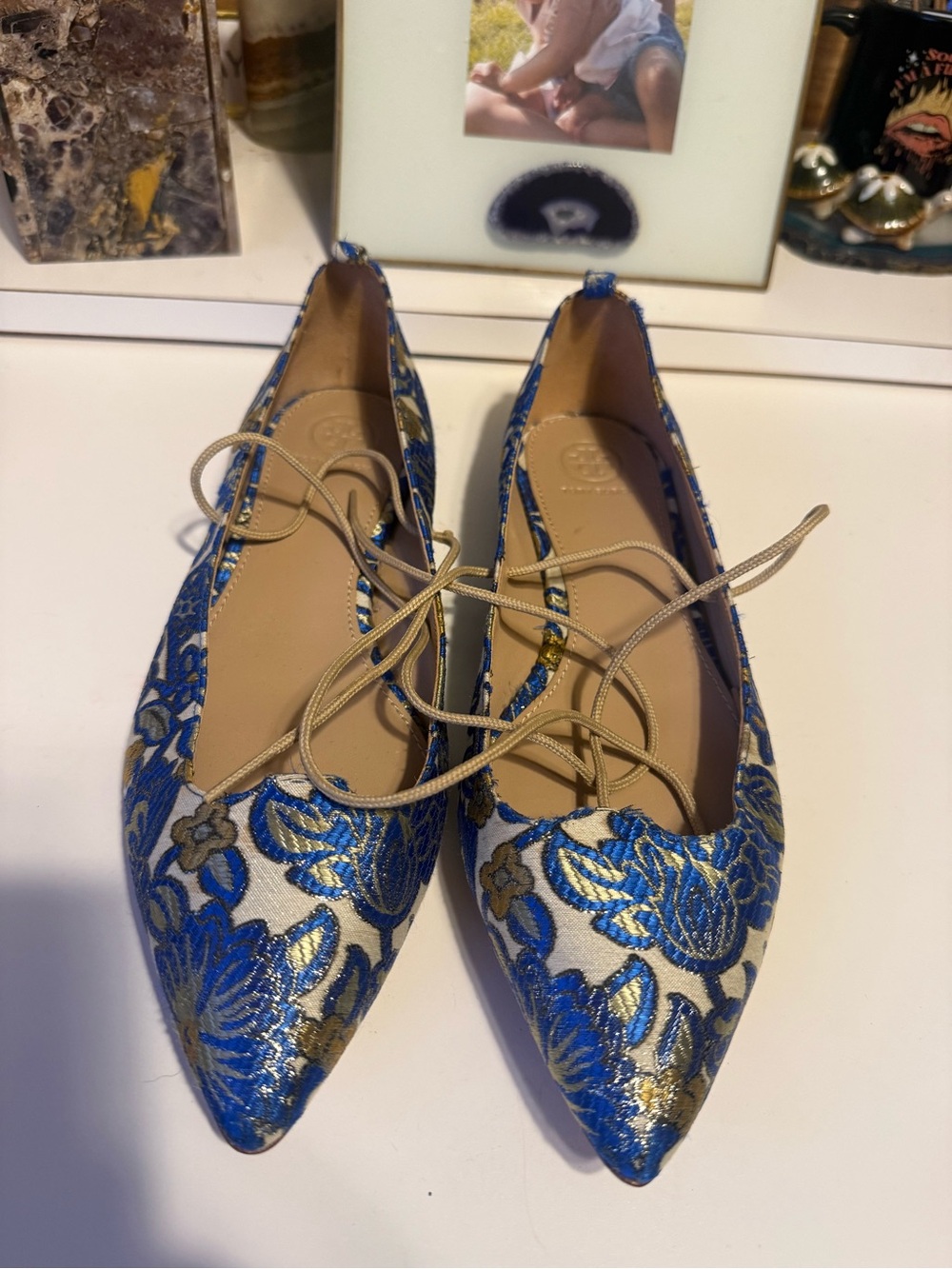Tory Burch Blue and Gold Floral Pointed Lace-Up Women’s Flats size 9